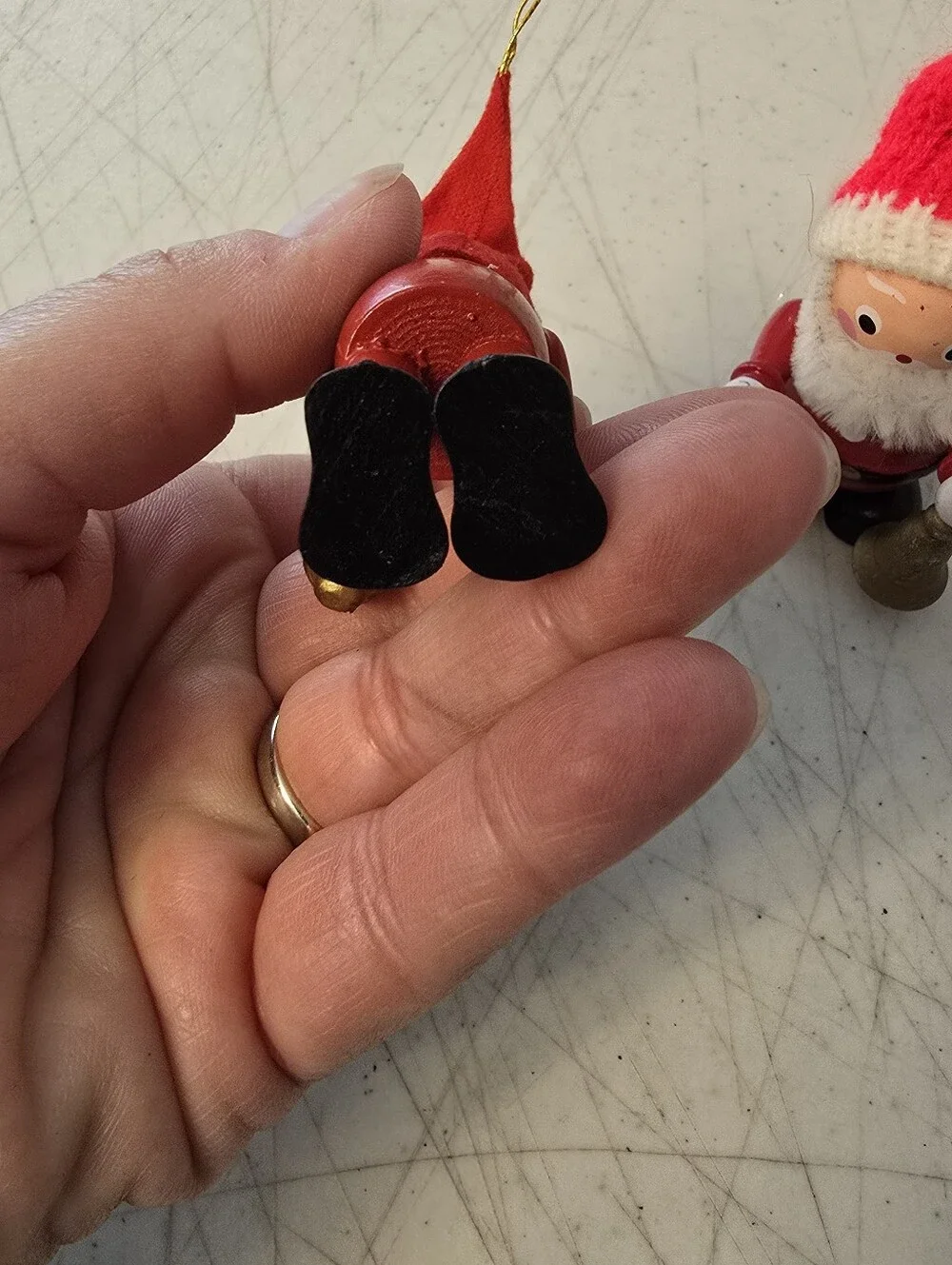 2 Small Vintage Wooden Santa Clauses with Bells Handpainted Christmas Ornaments